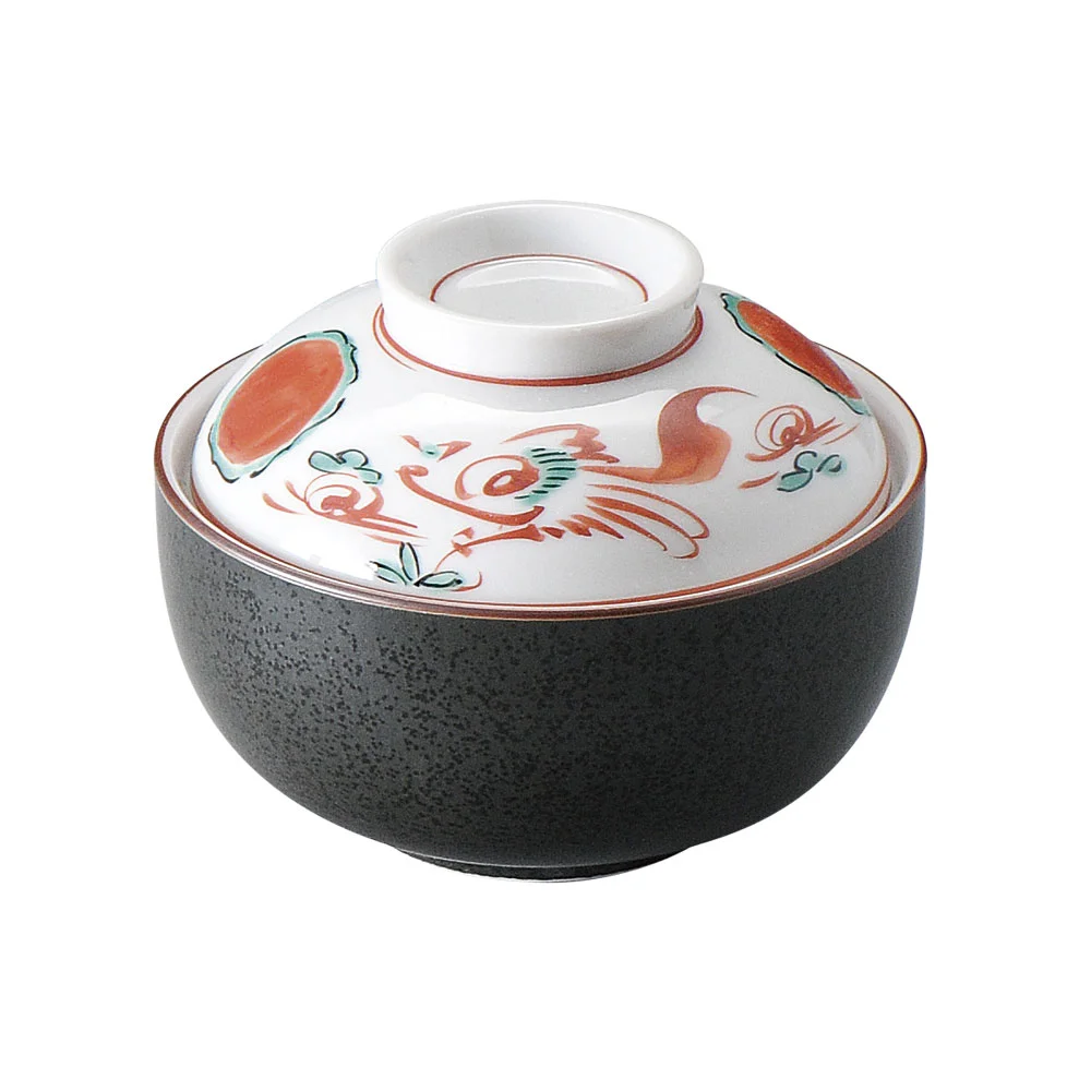 黒結晶赤絵花鳥煮物碗